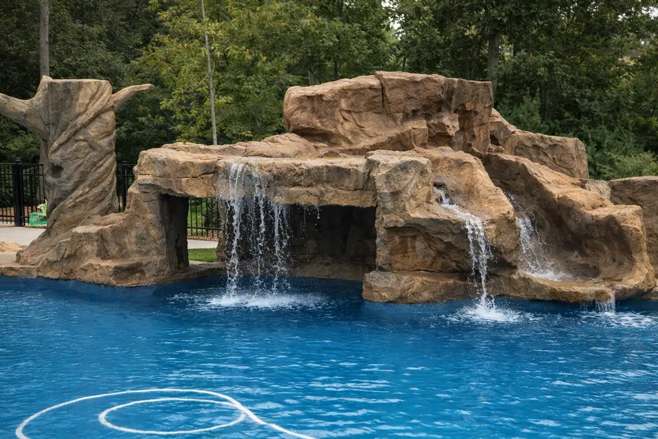 Luxury pool grotto with a carved waterfall and rock slide, the kind of estate water feature we build in Prosper