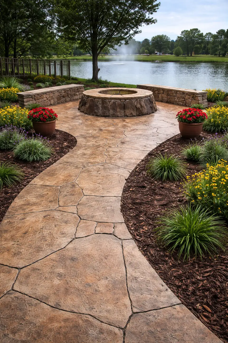 Stamped concrete patio with fire pit seating overlooking a lake