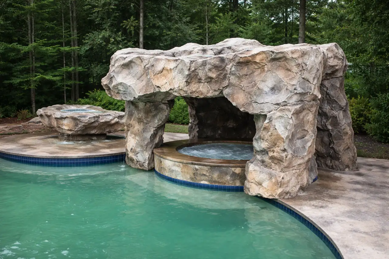 Hand-carved concrete grotto built over a round spa at the edge of a pool