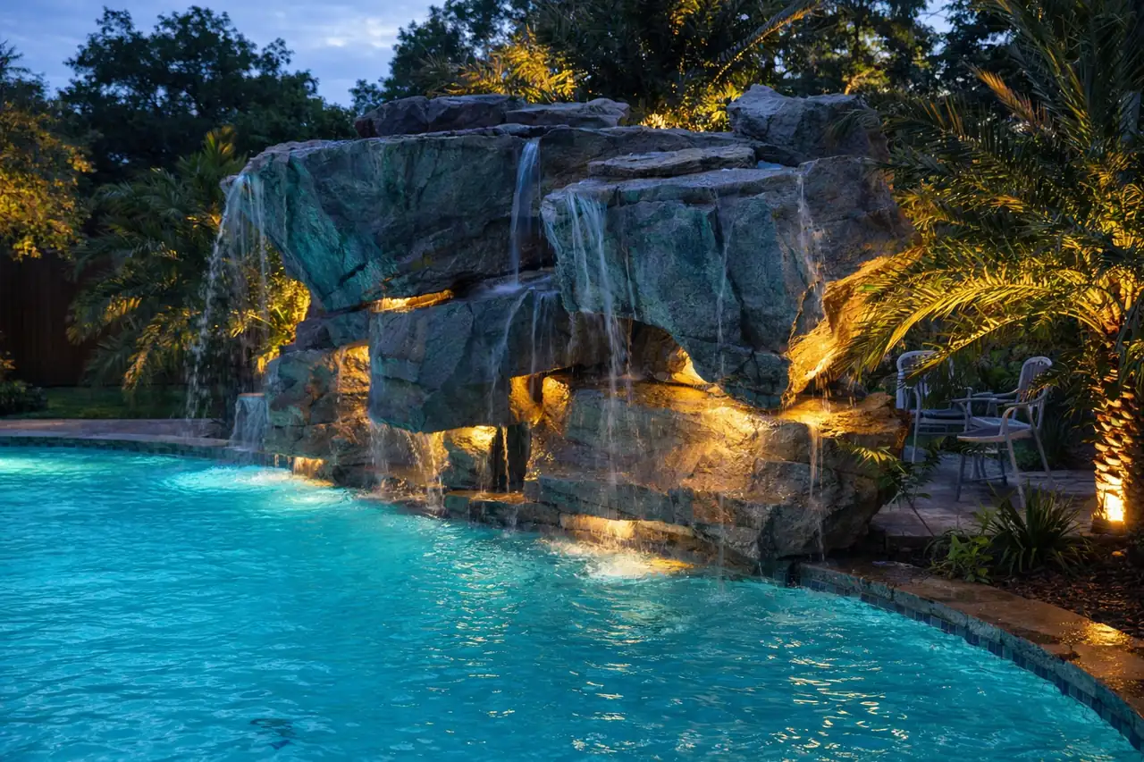 Contemporary hand-carved GFRC water feature at twilight in Allen Texas