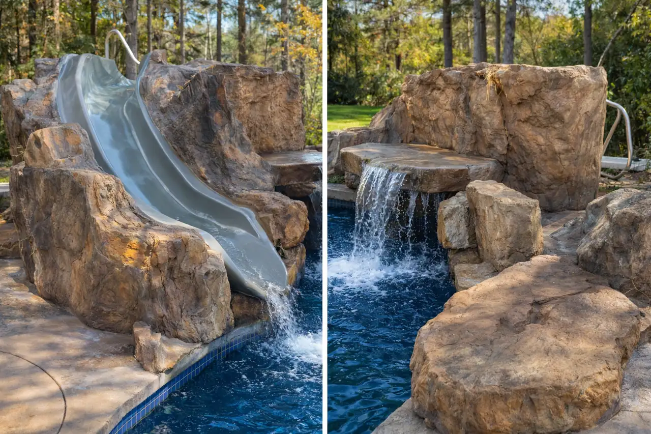 Hand-carved GFRC cantilevered waterfall built for a Fort Worth property