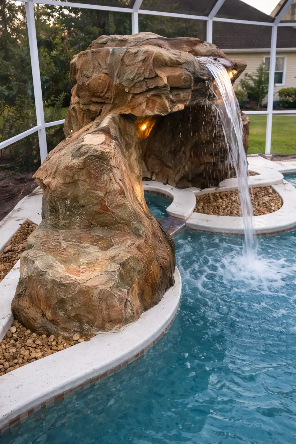Hand-carved GFRC waterfall spilling over a spa into the pool, the kind of HOA-approved backyard water feature we build in Plano