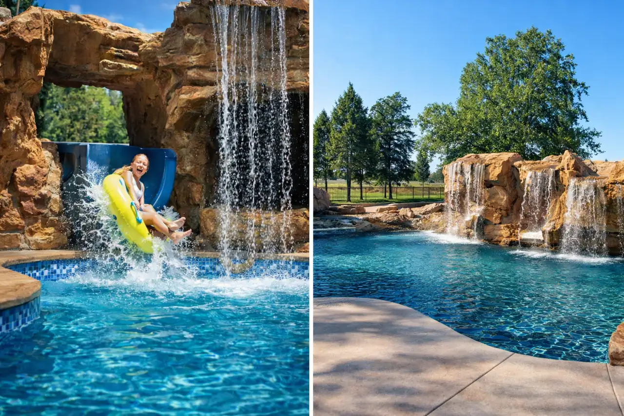 Custom hand-carved GFRC waterfall with LED lighting in Dallas-Fort Worth backyard