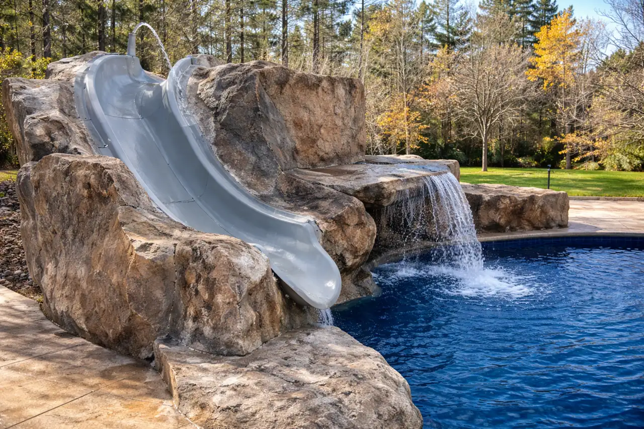 Custom pool waterfall and water slide feature for Rockwall Texas lakefront home